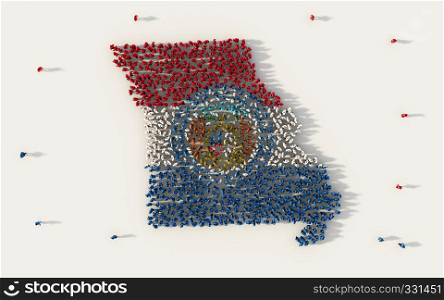 Large group of people forming Missouri flag map in The United States of America, USA, in social media and community concept on white background. 3d sign symbol of crowd illustration from above