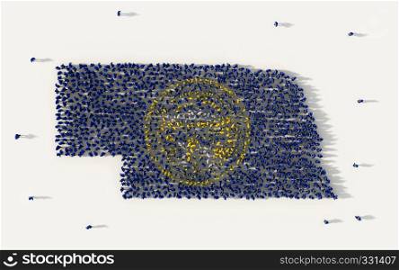 Large group of people forming Nebraska flag map in The United States of America, USA, in social media and community concept on white background. 3d sign symbol of crowd illustration from above