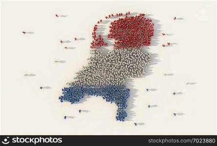 Large group of people forming Netherlands map and national flag in social media and communication concept on white background. 3d sign symbol of crowd illustration from above gathered together