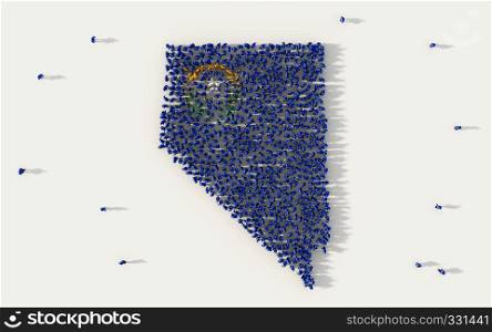 Large group of people forming Nevada flag map in The United States of America, USA, in social media and community concept on white background. 3d sign symbol of crowd illustration from above