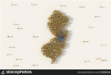 Large group of people forming New Jersey flag map in The United States of America in social media and community concept on white background. 3d sign symbol of crowd illustration from above