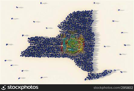 Large group of people forming New York flag map in The United States of America in social media and community concept on white background. 3d sign symbol of crowd illustration from above