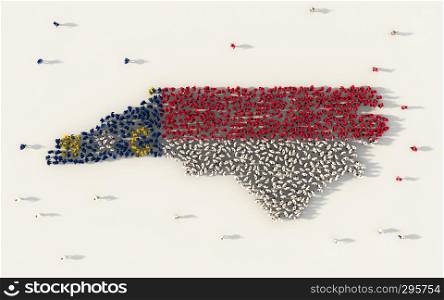 Large group of people forming North Carolina flag map in The United States of America in social media and community concept on white background. 3d sign symbol of crowd illustration from above