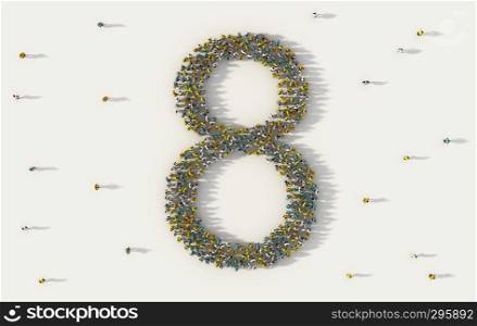 Large group of people forming number eight, 8, alphabet text character in social media and community concept on white background. 3d sign symbol of crowd illustration from above gathered together