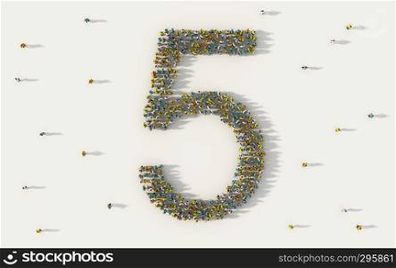 Large group of people forming number five, 5, alphabet text character in social media and community concept on white background. 3d sign symbol of crowd illustration from above gathered together