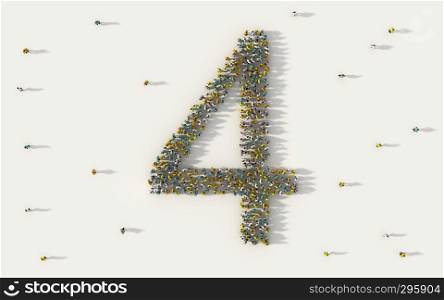 Large group of people forming number four, 4, alphabet text character in social media and community concept on white background. 3d sign symbol of crowd illustration from above gathered together