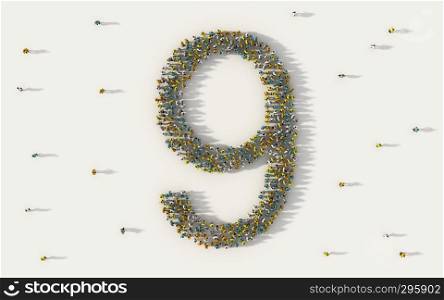 Large group of people forming number nine, 9, alphabet text character in social media and community concept on white background. 3d sign symbol of crowd illustration from above gathered together