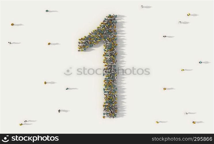 Large group of people forming number one, 1, alphabet text character in social media and community concept on white background. 3d sign symbol of crowd illustration from above gathered together