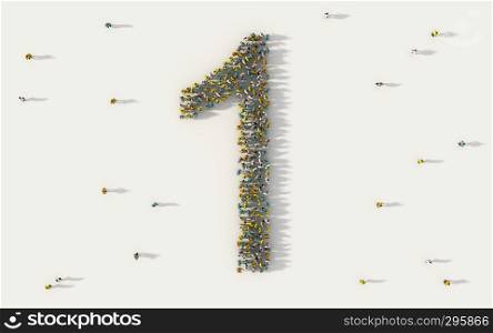 Large group of people forming number one, 1, alphabet text character in social media and community concept on white background. 3d sign symbol of crowd illustration from above gathered together