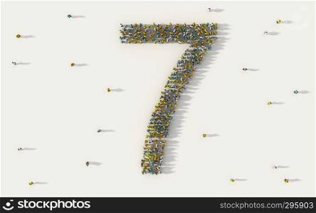 Large group of people forming number seven, 7, alphabet text character in social media and community concept on white background. 3d sign symbol of crowd illustration from above gathered together
