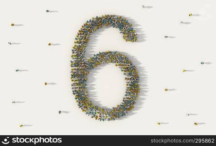 Large group of people forming number six, 6, alphabet text character in social media and community concept on white background. 3d sign symbol of crowd illustration from above gathered together