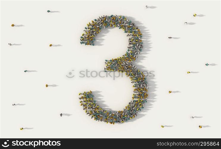 Large group of people forming number three, 3, alphabet text character in social media and community concept on white background. 3d sign symbol of crowd illustration from above gathered together