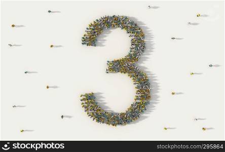 Large group of people forming number three, 3, alphabet text character in social media and community concept on white background. 3d sign symbol of crowd illustration from above gathered together