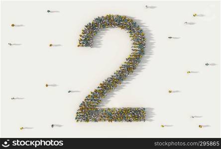 Large group of people forming number two, 2, alphabet text character in social media and community concept on white background. 3d sign symbol of crowd illustration from above gathered together