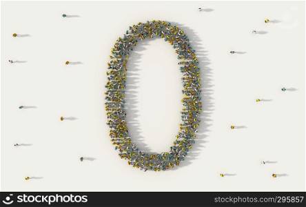 Large group of people forming number zero, 0, alphabet text character in social media and community concept on white background. 3d sign symbol of crowd illustration from above gathered together