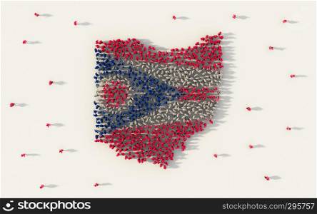Large group of people forming Ohio flag map in The United States of America in social media and community concept on white background. 3d sign symbol of crowd illustration from above gathered together