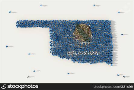 Large group of people forming Oklahoma flag map in The United States of America, USA, in social media and community concept on white background. 3d sign symbol of crowd illustration from above