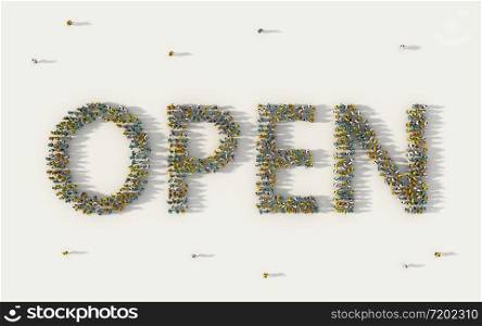 Large group of people forming Open lettering text in social media and community concept on white background. 3d sign of crowd illustration from above gathered together