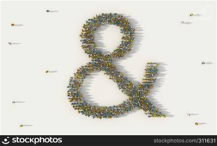 Large group of people forming & or the ampersand symbol in social media and community concept on white background. 3d sign of crowd illustration from above gathered together