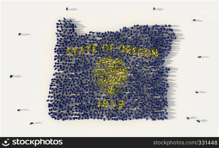 Large group of people forming Oregon flag map in The United States of America, USA, in social media and community concept on white background. 3d sign symbol of crowd illustration from above