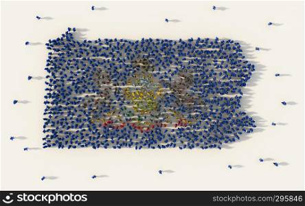 Large group of people forming Pennsylvania flag map in The United States of America in social media and community concept on white background. 3d sign symbol of crowd illustration from above