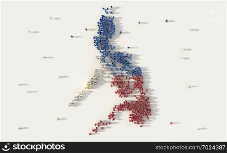 Large group of people forming Philippines map and national flag in social media and communication concept on white background. 3d sign symbol of crowd illustration from above gathered together