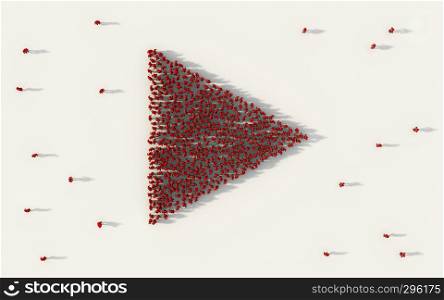 Large group of people forming play button symbol in business, social media, and community concept on white background. 3d sign of crowd illustration from above gathered together