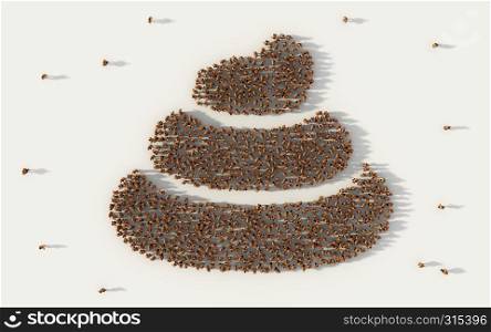 Large group of people forming poop or shit icon in social media and community concept on white background. 3d sign of crowd illustration from above gathered together