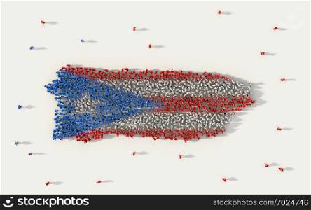 Large group of people forming Puerto Rico map and national flag in social media and community concept on white background. 3d sign symbol of crowd illustration from above gathered together