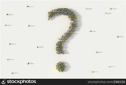 Large group of people forming question mark symbol in social media and community concept on white background. 3d sign of crowd illustration from above gathered together