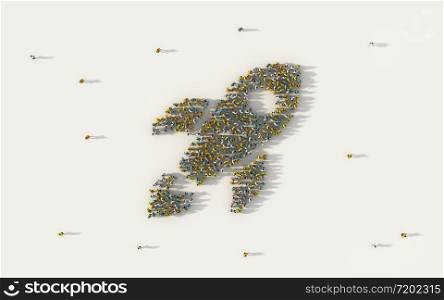 Large group of people forming rocket symbol in social media and community concept on white background. 3d sign of crowd illustration from above gathered together