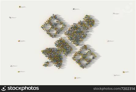 Large group of people forming Satellite symbol in social media and community concept on white background. 3d sign of crowd illustration from above gathered together