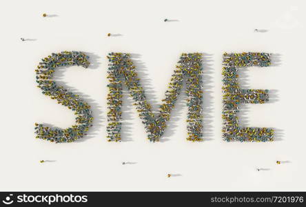 Large group of people forming SME lettering text in social media and community concept on white background. 3d sign of crowd illustration from above gathered together