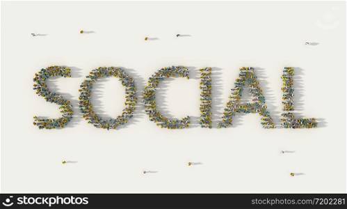 Large group of people forming Social lettering text in social media and community concept on white background. 3d sign of crowd illustration from above gathered together