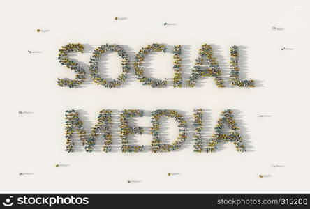 Large group of people forming Social Media lettering text in social media and community concept on white background. 3d sign of crowd illustration from above gathered together