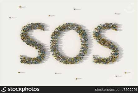 Large group of people forming SOS lettering text in social media and community concept on white background. 3d sign of crowd illustration from above gathered together