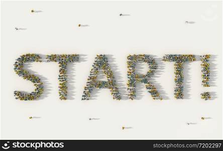 Large group of people forming Start lettering text in social media and community concept on white background. 3d sign of crowd illustration from above gathered together