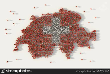 Large group of people forming Switzerland map and national flag in social media and communication concept on white background. 3d sign symbol of crowd illustration from above gathered together
