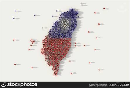 Large group of people forming Taiwan map and national flag in social media and communication concept on white background. 3d sign symbol of crowd illustration from above gathered together