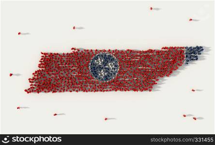 Large group of people forming Tennessee flag map in The United States of America, USA, in social media and community concept on white background. 3d sign symbol of crowd illustration from above