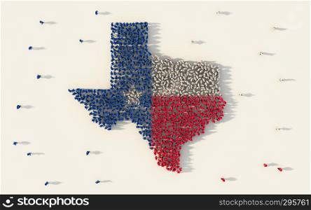 Large group of people forming Texas flag map in The United States of America in social media and community concept on white background. 3d sign symbol of crowd illustration from above