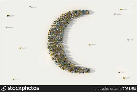 Large group of people forming the crescent moon symbol in social media and community concept on white background. 3d sign of crowd illustration from above gathered together