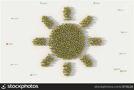 Large group of people forming the sun symbol in social media and community concept on white background. 3d sign of crowd illustration from above gathered together