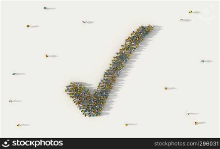 Large group of people forming Tick or Check Mark symbol in social media and community concept on white background. 3d sign of crowd illustration from above gathered together