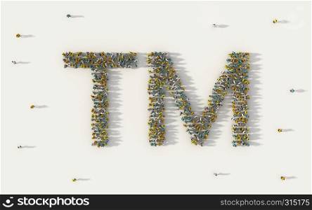 Large group of people forming TM or trade mark icon in social media and community concept on white background. 3d sign of crowd illustration from above gathered together