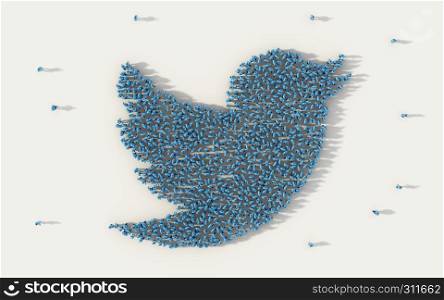 Large group of people forming Twitter bird flying symbol in social media and community concept on white background. 3d sign of crowd illustration from above gathered together