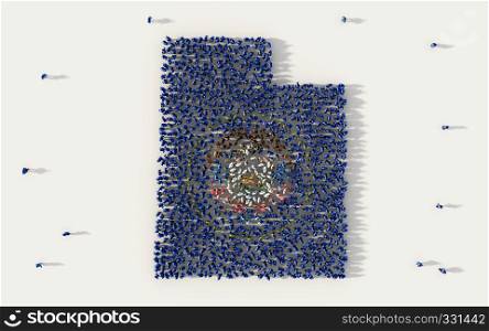 Large group of people forming Utah flag map in The United States of America, USA, in social media and community concept on white background. 3d sign symbol of crowd illustration from above