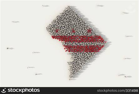 Large group of people forming Washington, D.C. flag map in The United States of America, USA, in social media and community concept on white background. 3d sign symbol of crowd illustration from above