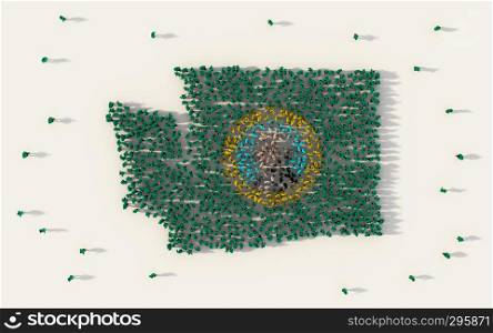 Large group of people forming Washington flag map in The United States of America in social media and community concept on white background. 3d sign symbol of crowd illustration from above