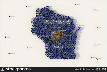 Large group of people forming Wisconsin flag map in The United States of America, USA, in social media and community concept on white background. 3d sign symbol of crowd illustration from above